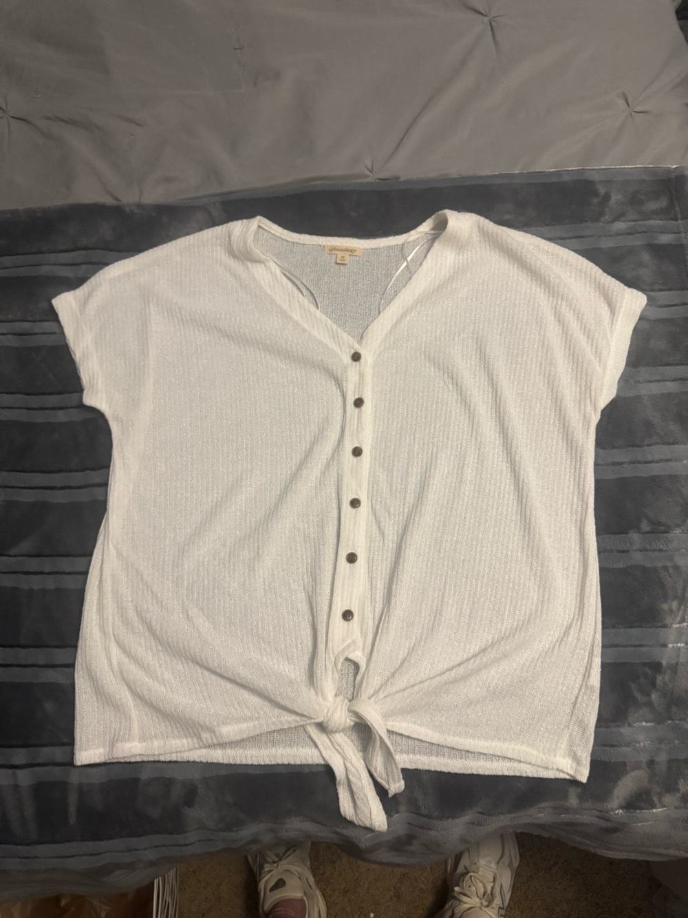 Lightweight White Button-Front Tie Hem Womens Top